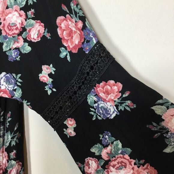 Bell sleeve roses pattern embroidery black cover up duster boho hippie floaty 2X - Picture 5 of 9